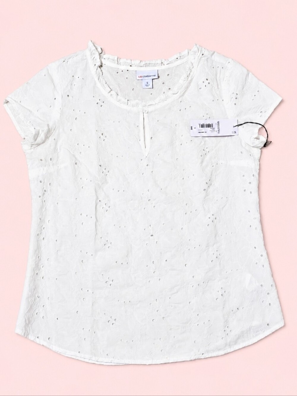 Liz Claiborne White Eyelet Short Sleeve Blouse NWT